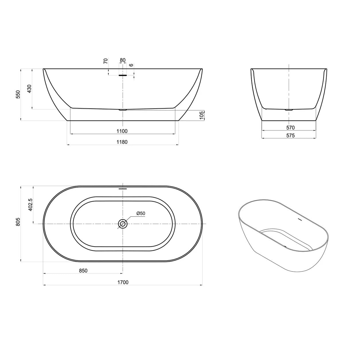 Otti Attica Manolo 1700 Gloss White Bath with Overflow