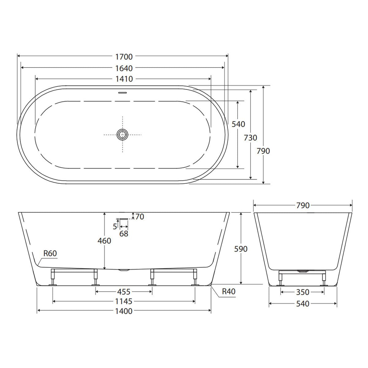 Austin Freestanding Acrylic Bath with Overflow, 1700mm