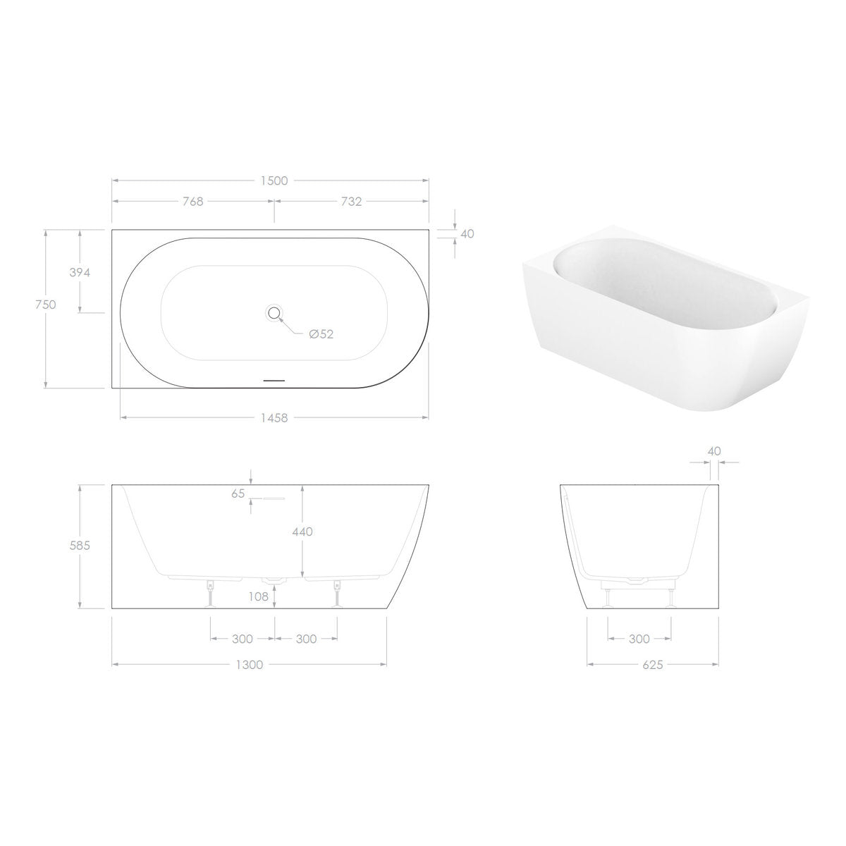 ADP Glacier Left Corner Bath 1500mm