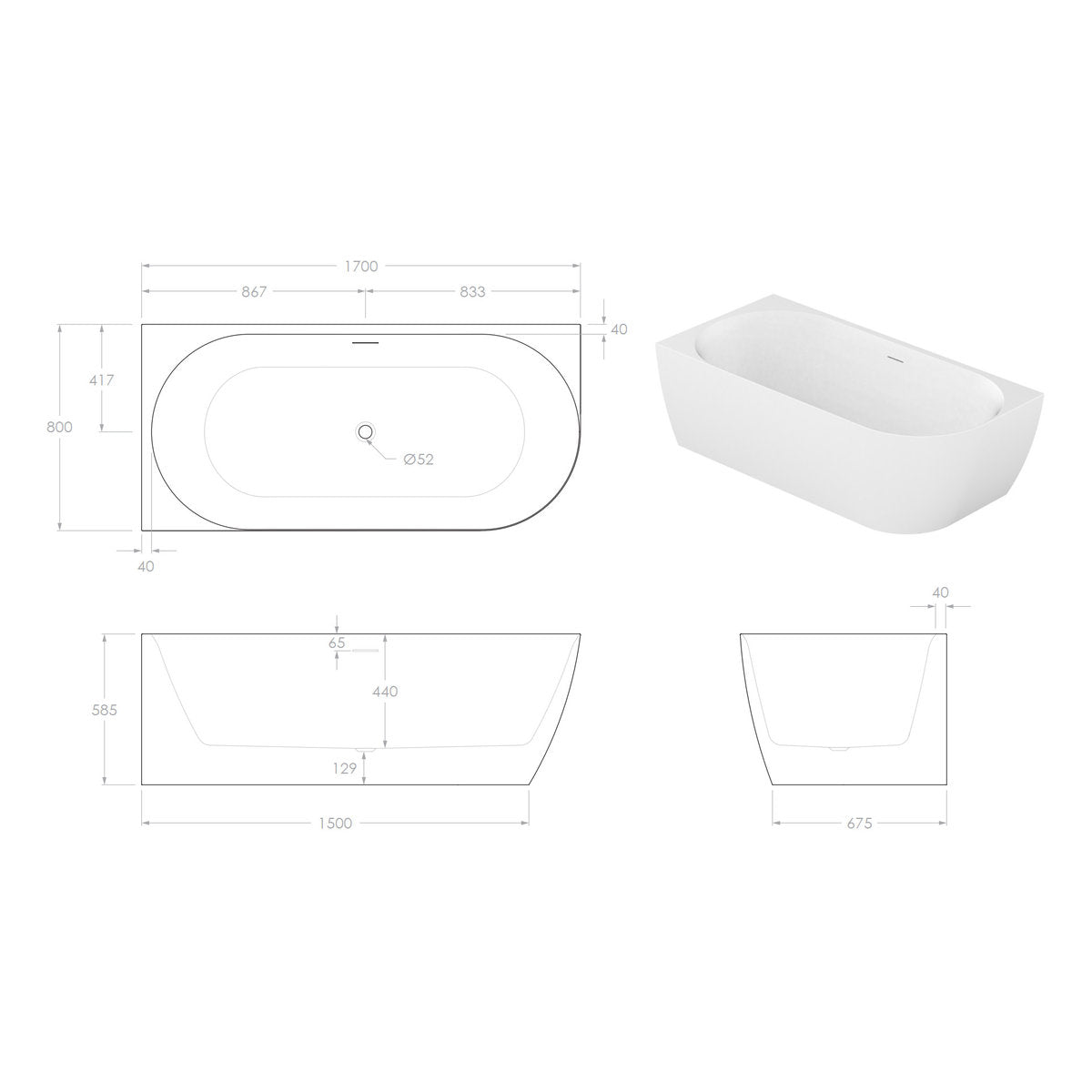 ADP Glacier Left Corner Bath 1700mm