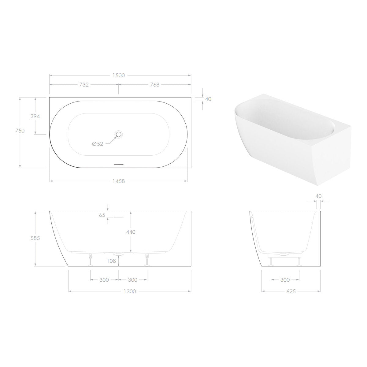 ADP Glacier Right Corner Bath 1500mm