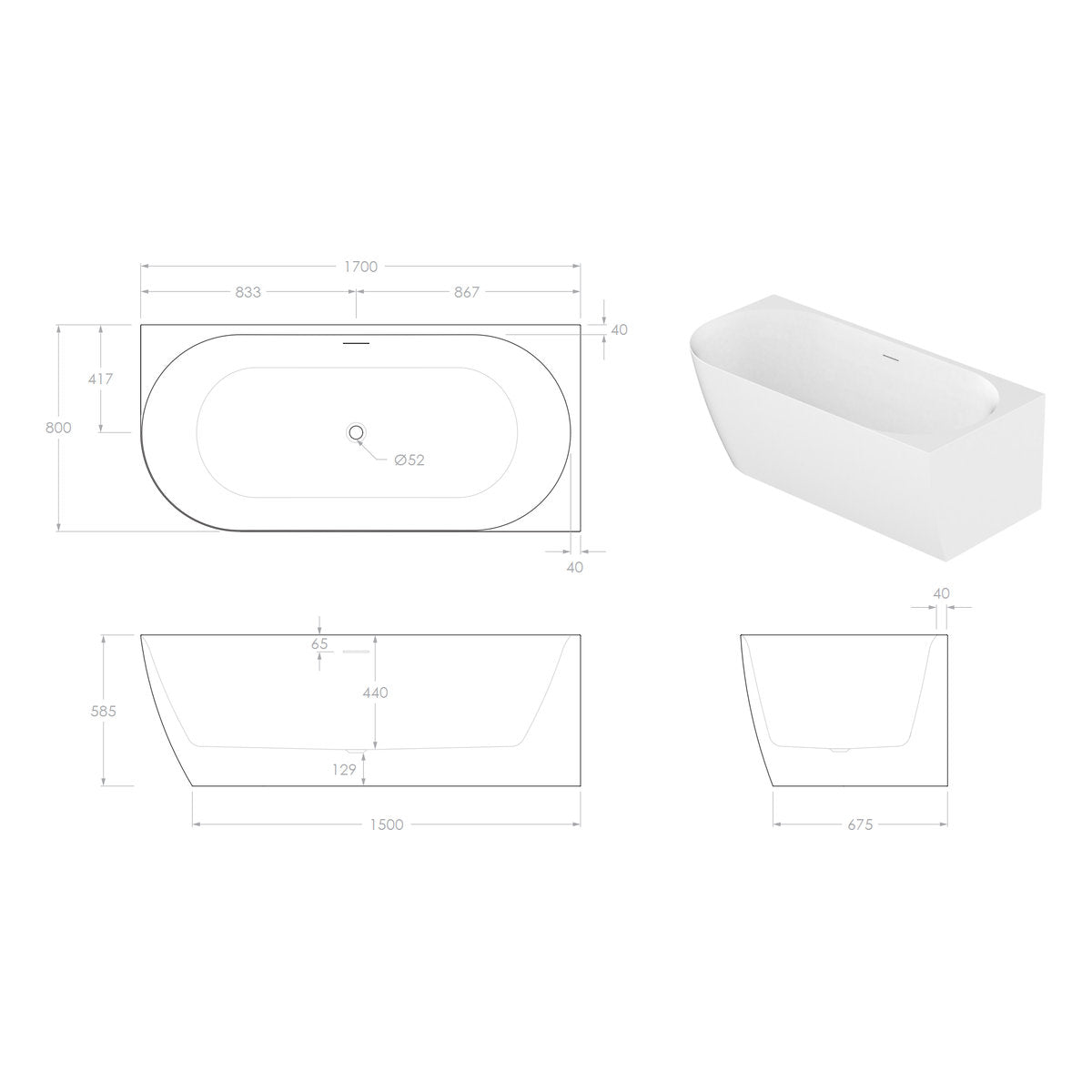 ADP Glacier Right Corner Bath 1700mm