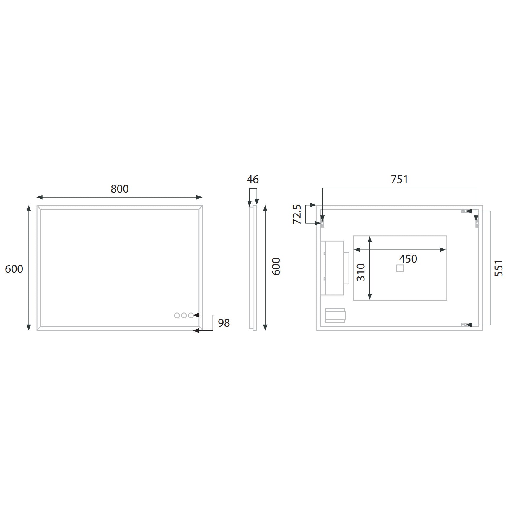 Euro Mirror ROEK - Black - 600 x 800mm LED Mirror
