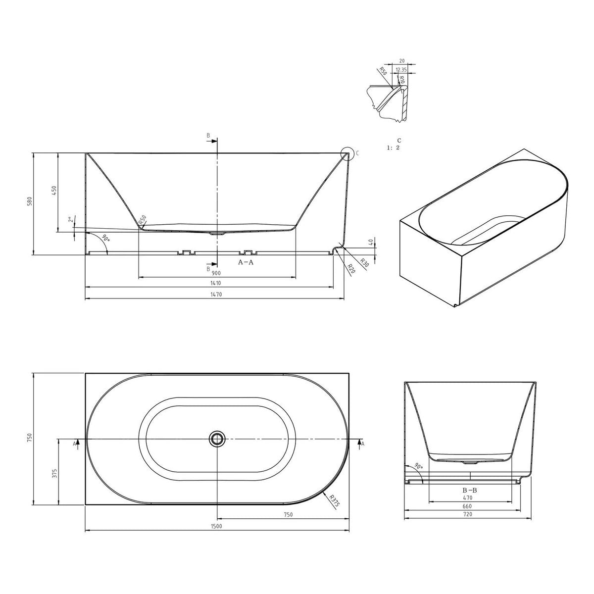 Otti Attica Celine Left Corner 1500 Matte White Bath with Overflow