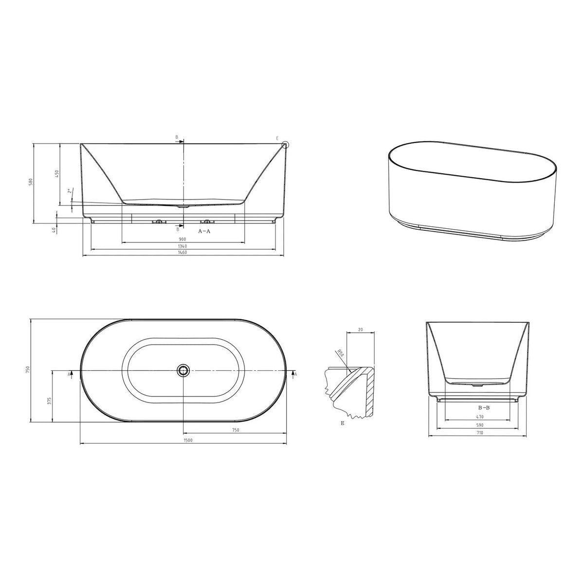 Otti Attica Celine 1500 Matte White Bath with Overflow