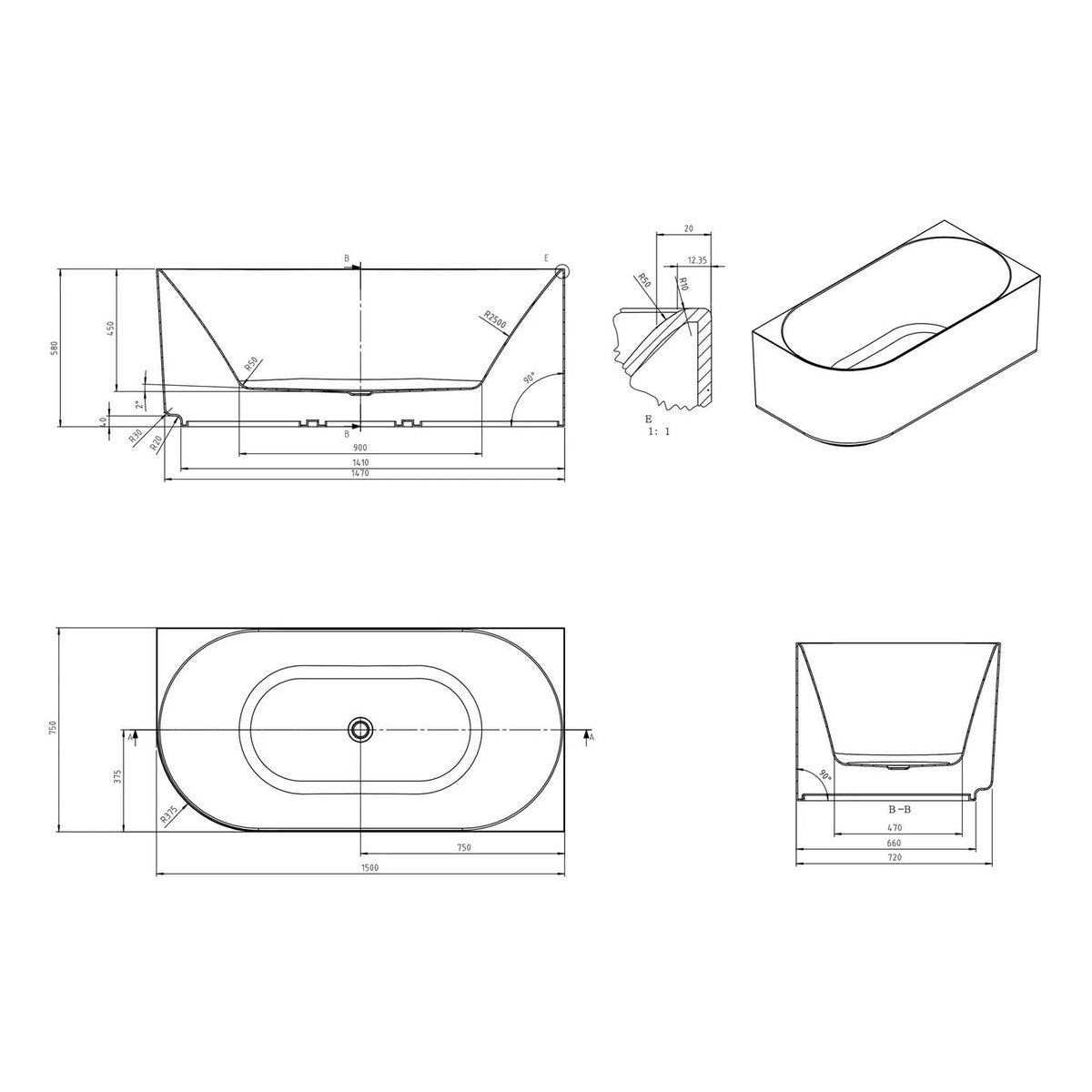 Otti Attica Celine Right Corner 1500 Gloss White Bath with Overflow