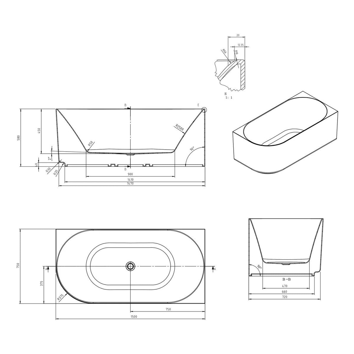 Otti Attica Celine Right Corner 1500 Matte White Bath with Overflow