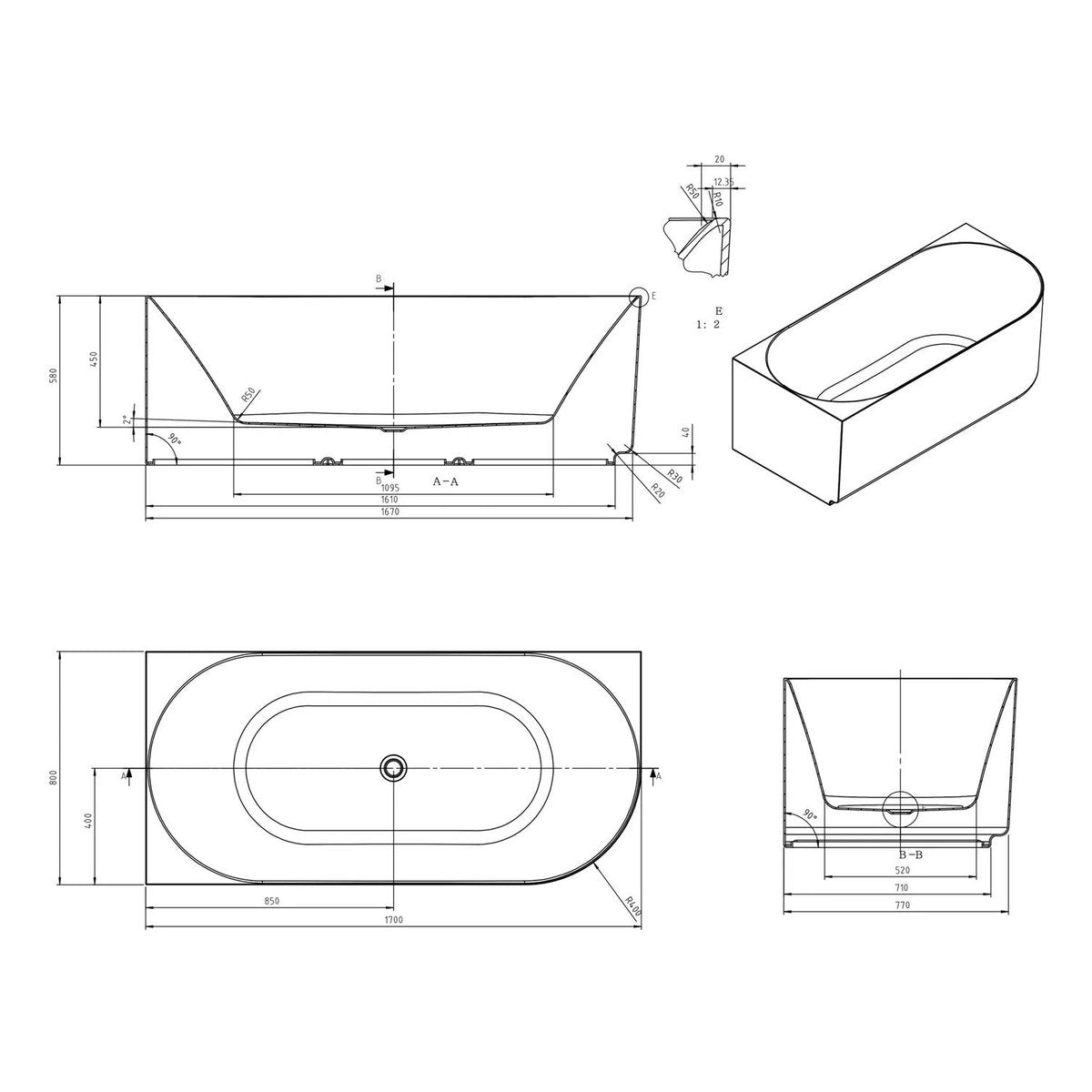 Otti Attica Celine Left Corner 1700 Matte White Bath with Overflow