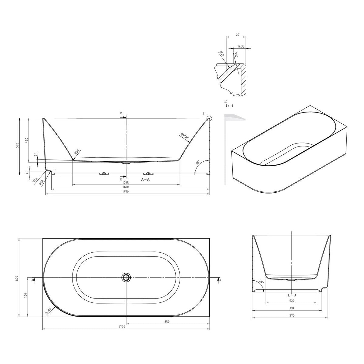 Otti Attica Celine Right Corner 1700 Gloss White Bath with Overflow
