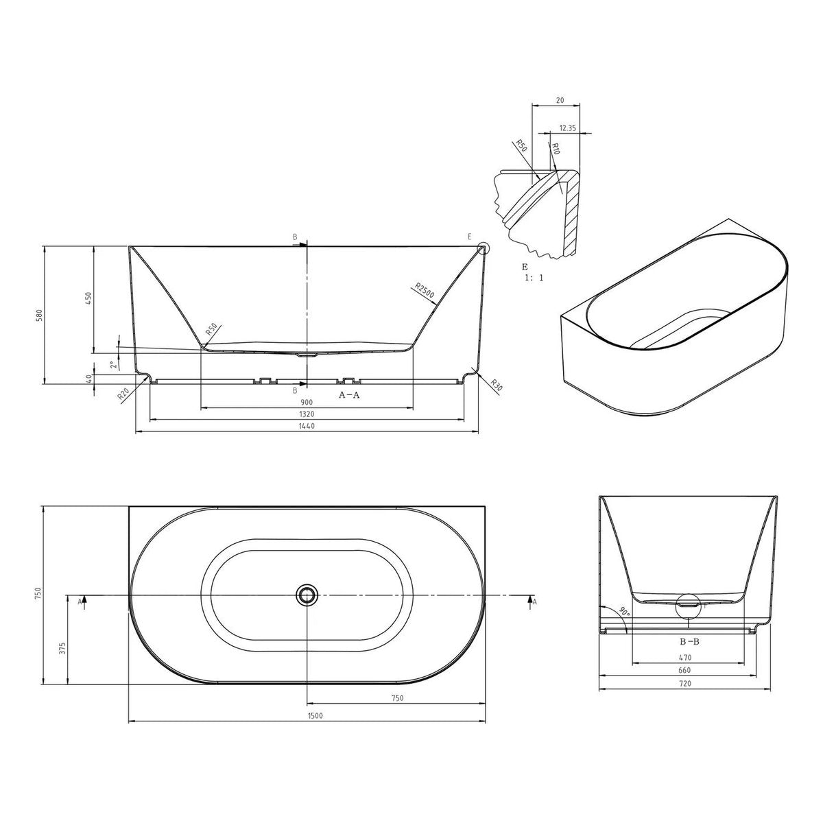 Otti Attica Celine 1500 Gloss White BTW Multi-fit Bath with Overflow