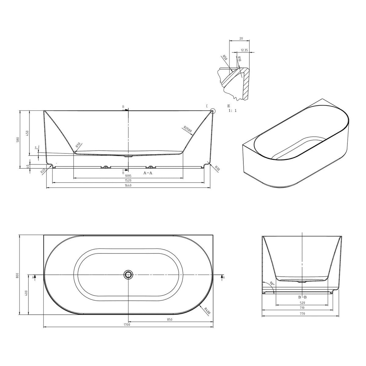 Otti Attica Celine 1700 Matte White BTW Multi-fit Bath with Overflow