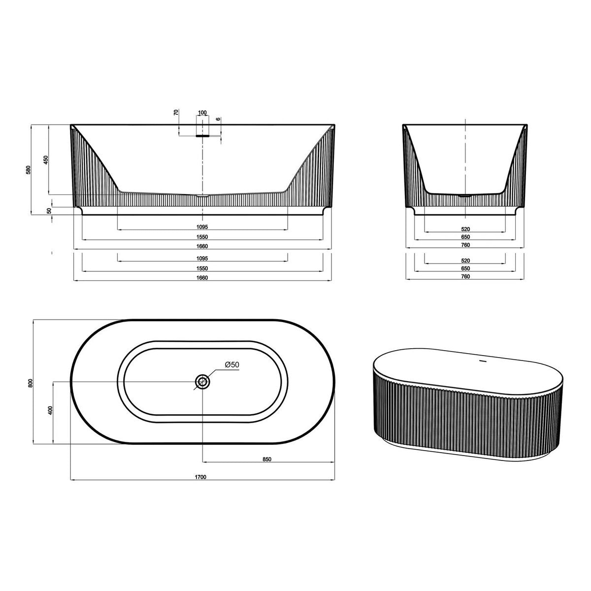 Otti Attica Havana 1500 Gloss White Fluted Bath with Overflow