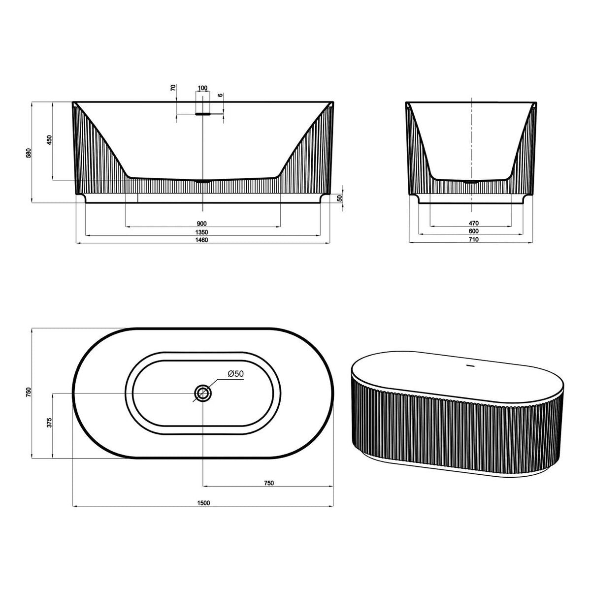 Otti Attica Havana 1500 Matte White Fluted Bath with Overflow