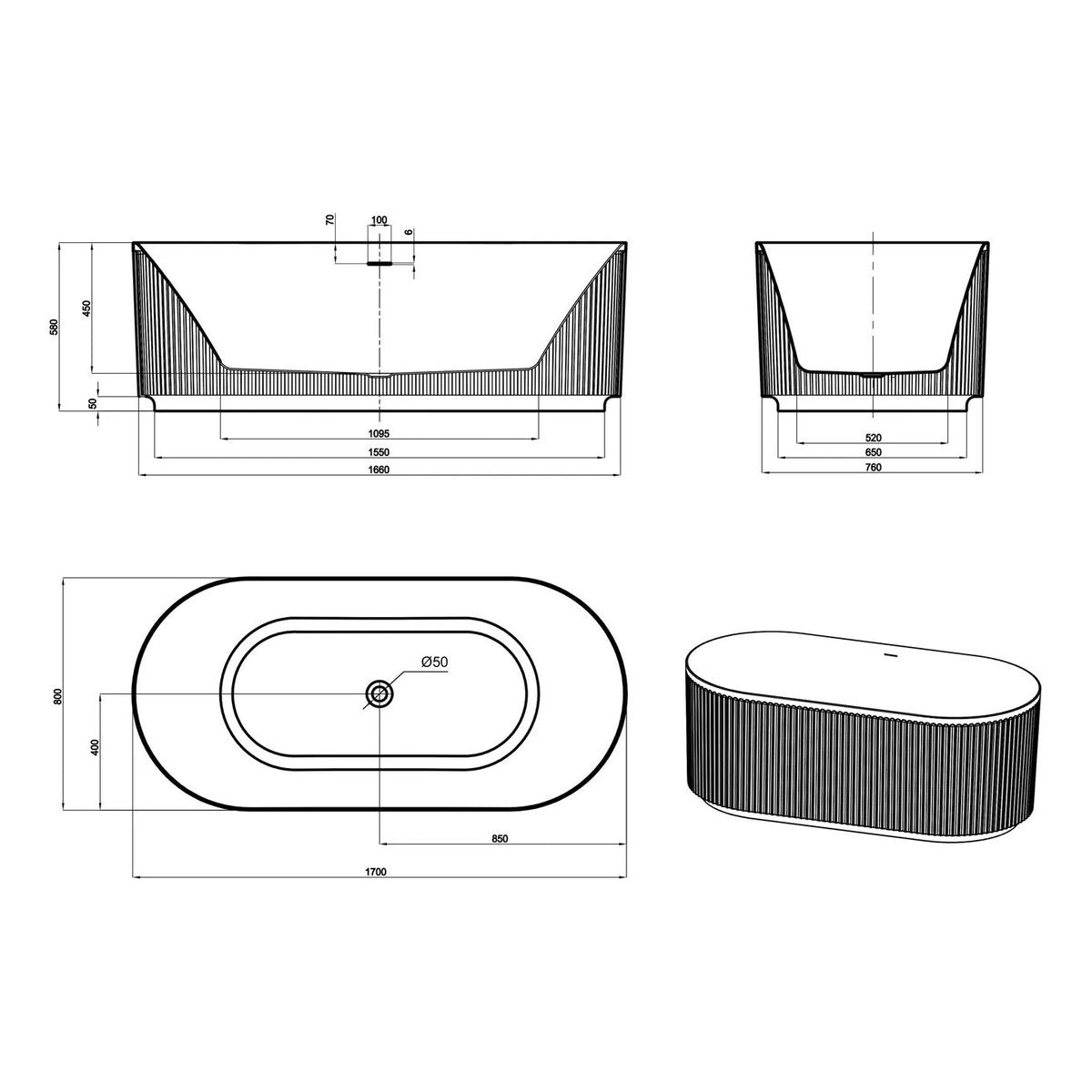 Otti Attica Havana 1700 Gloss White Fluted Bath with Overflow