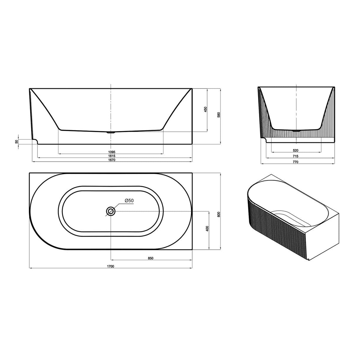 Otti Attica Havana Right Corner 1700 Gloss White Fluted Bath with Overflow