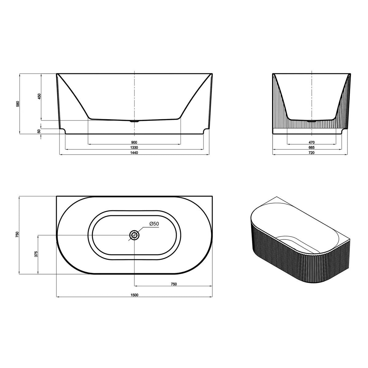 Otti Attica Havana 1500 Matte White BTW Multi-fit Fluted Bath with Overflow