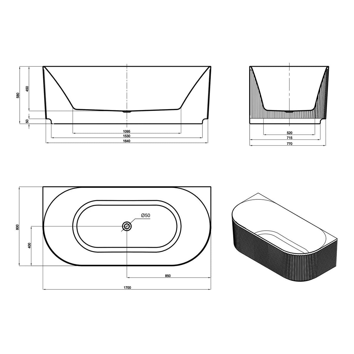 Otti Attica Havana 1700 Gloss White BTW Multi-fit Fluted Bath with Overflow
