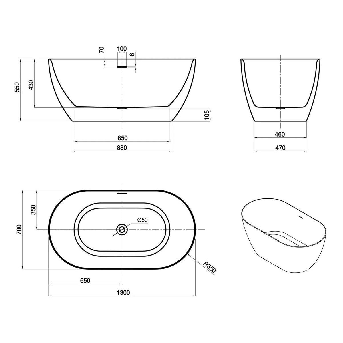 Otti Attica Manolo 1300 Gloss White Bath with Overflow