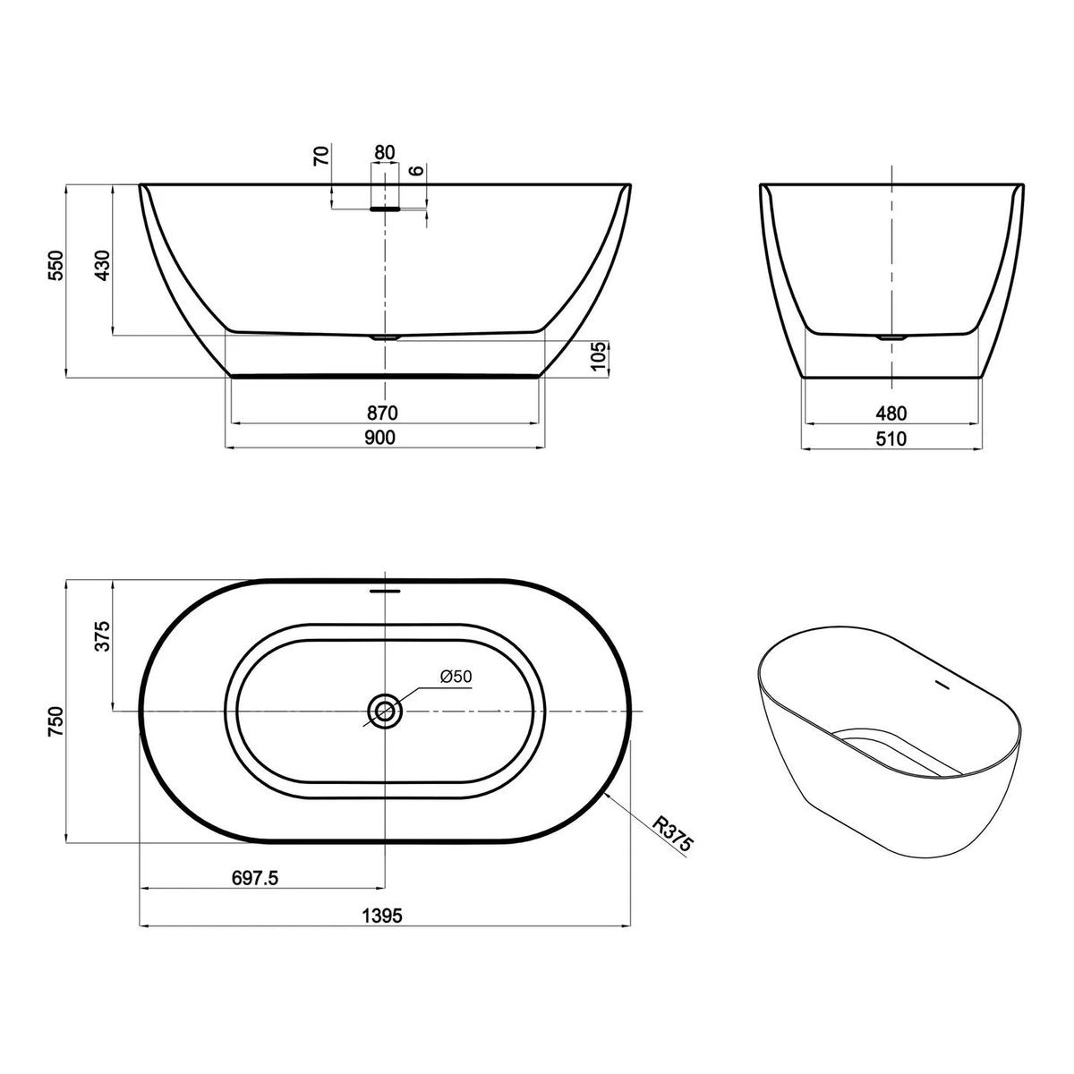 Otti Attica Manolo 1400 Gloss White Bath with Overflow