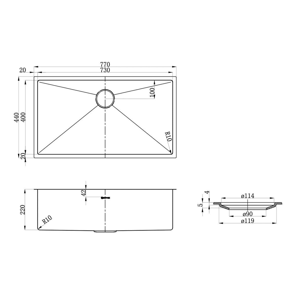 Otti Axon Sink 77S 770x440x220 Argent Gold