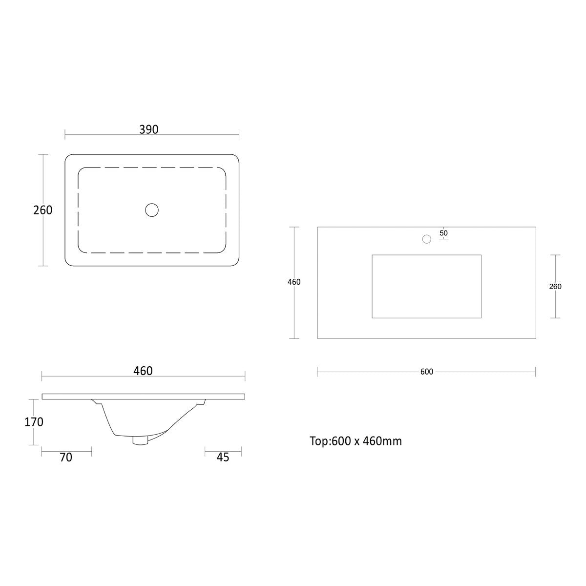 Otti Rock Plate Stone Tops with Undermount Basin & 12 O'clock Taphole 600