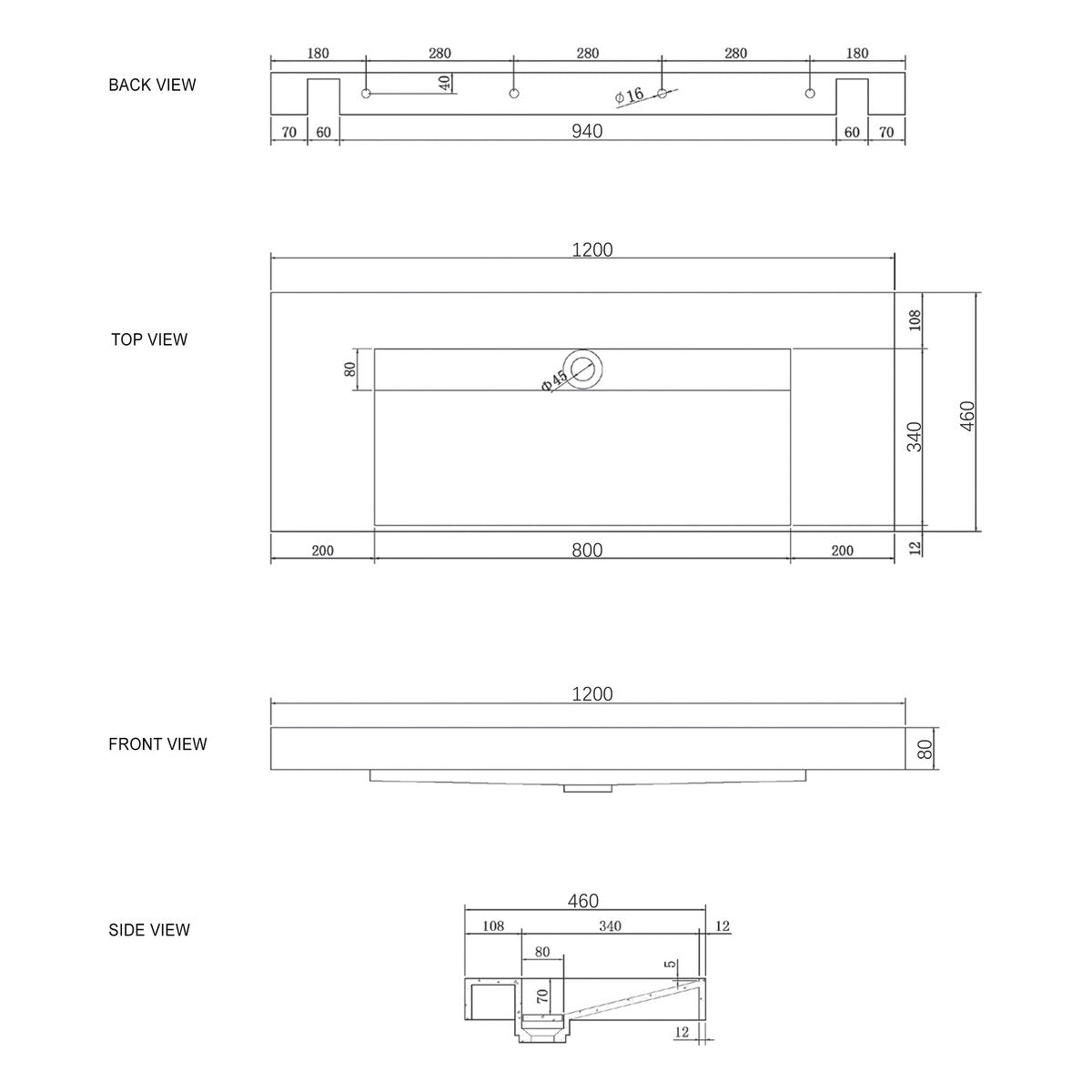 Otti Moonlight 1200mm Solid Surface Top