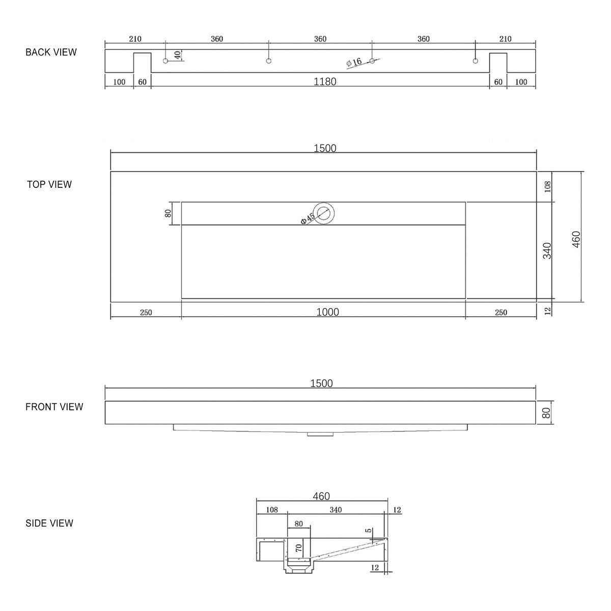 Otti Moonlight 1500mm Solid Surface Top