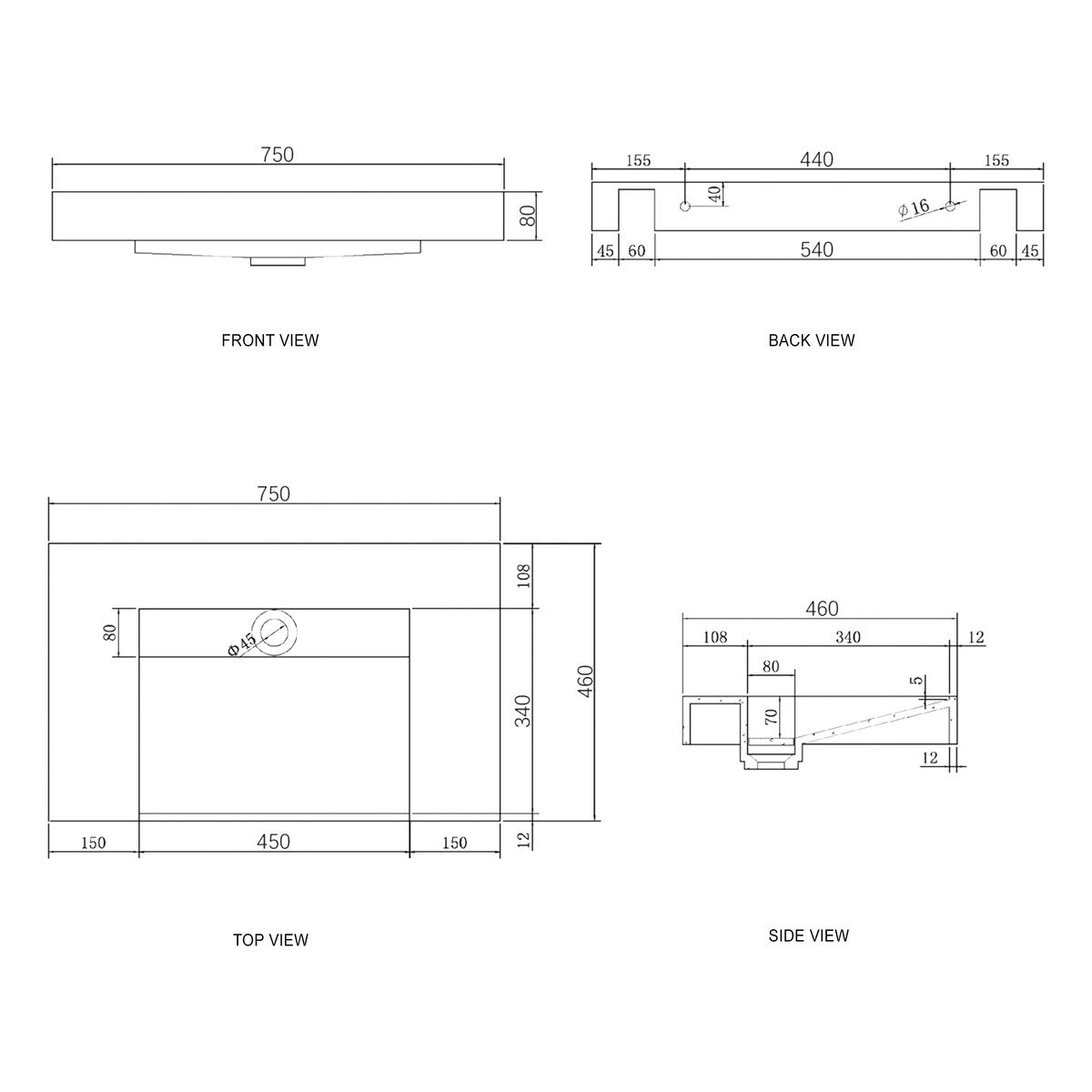 Otti Moonlight 750mm Solid Surface Top