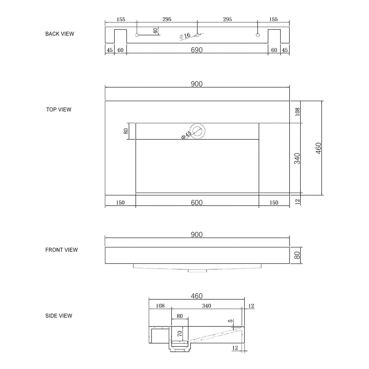 Otti Moonlight 900mm Solid Surface Top