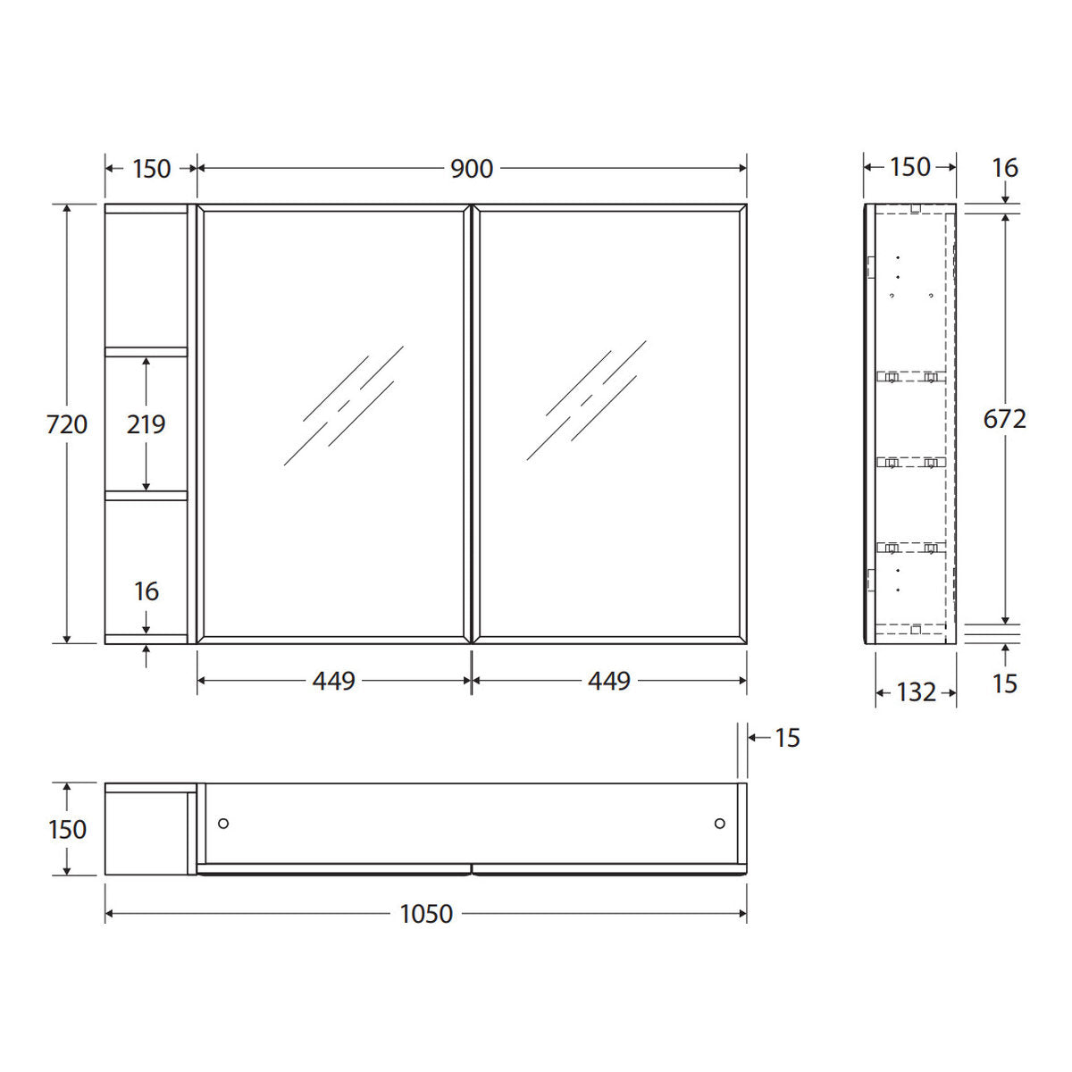 Fienza Bevel Edge 900 Mirror Cabinet, 1 Side Shelf