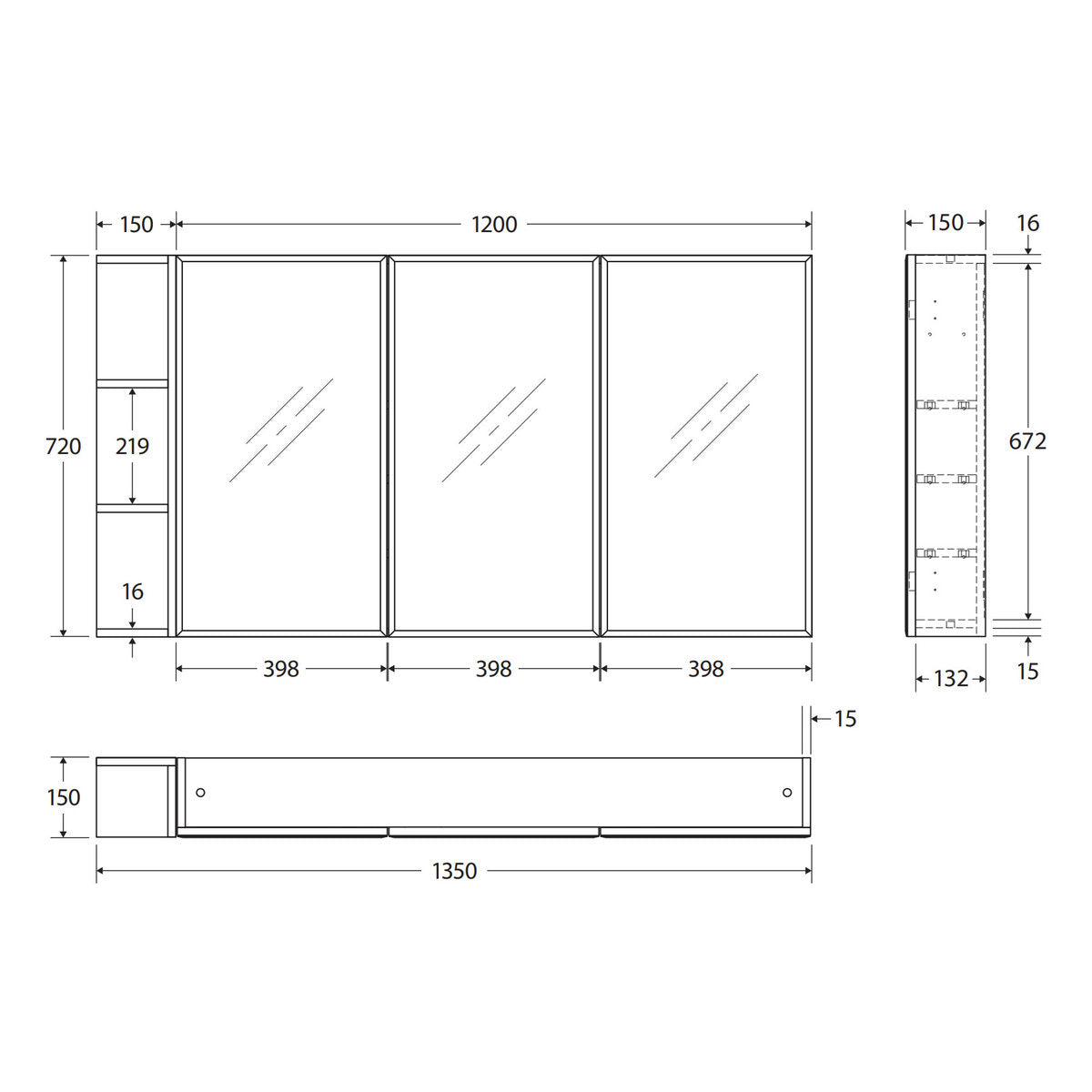 Fienza Bevel Edge 1200 Mirror Cabinet, 1 Side Shelf