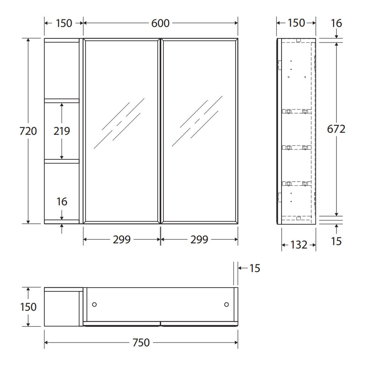 Fienza Bevel Edge 600 Mirror Cabinet, 1 Side Shelf