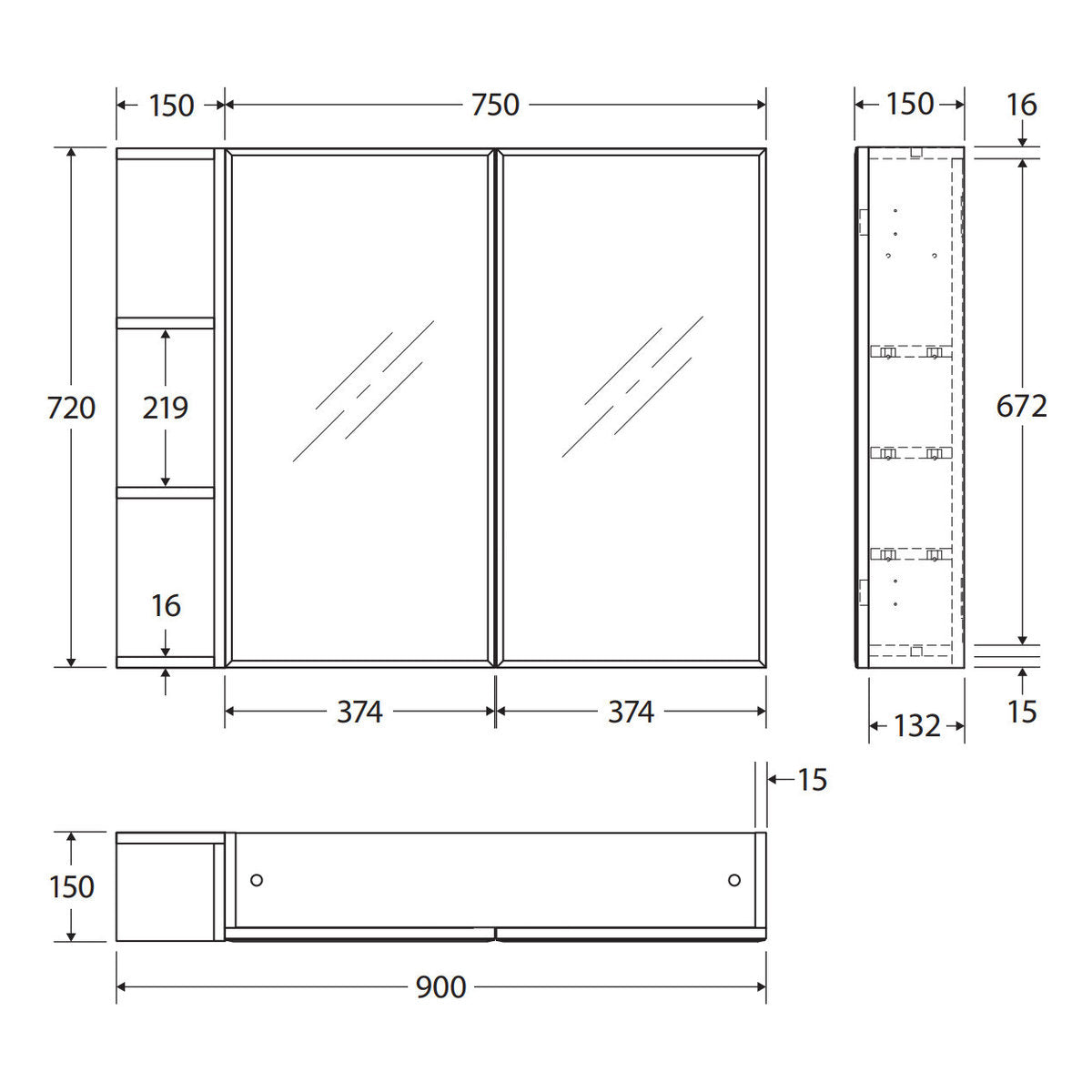 Fienza Bevel Edge 750 Mirror Cabinet, 1 Side Shelf