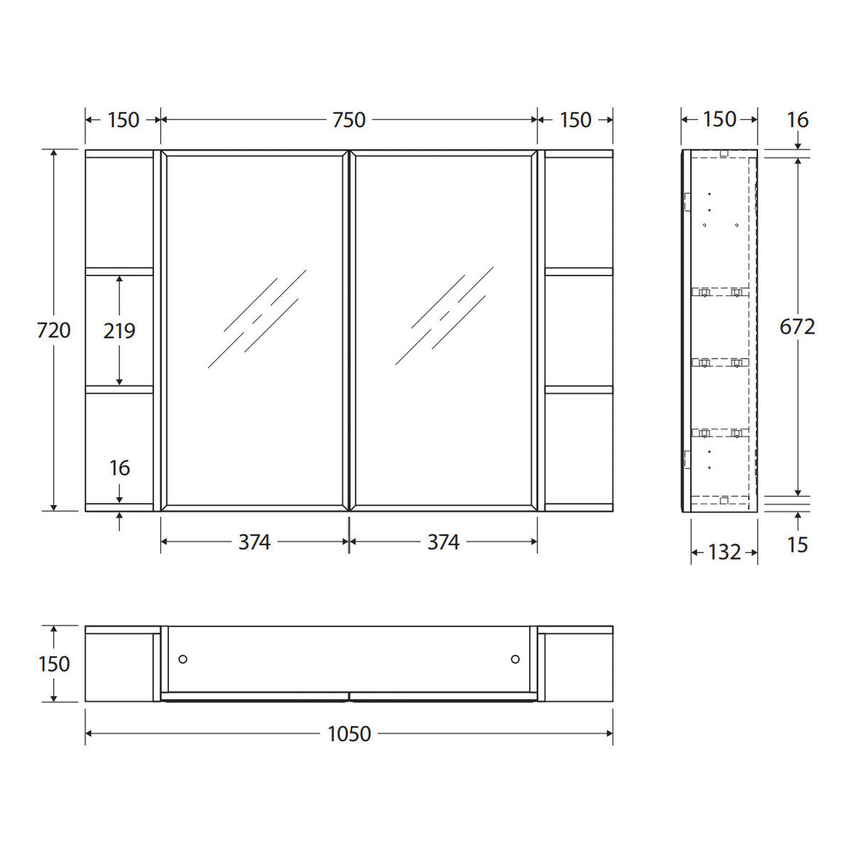Fienza Bevel Edge 750 Mirror Cabinet, 2 Side Shelves