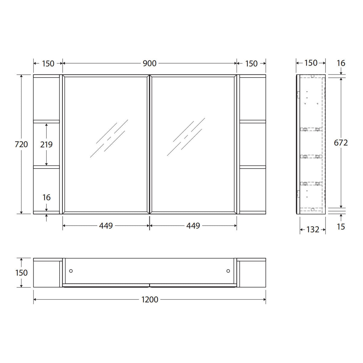 Fienza Bevel Edge 900 Mirror Cabinet, 2 Side Shelves