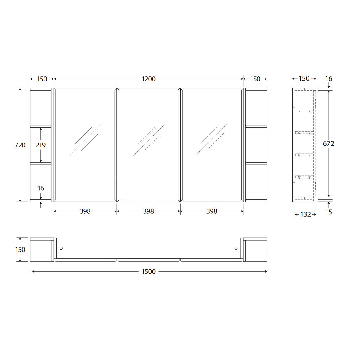 Fienza Bevel Edge 1200 Mirror Cabinet, 2 Side Shelves