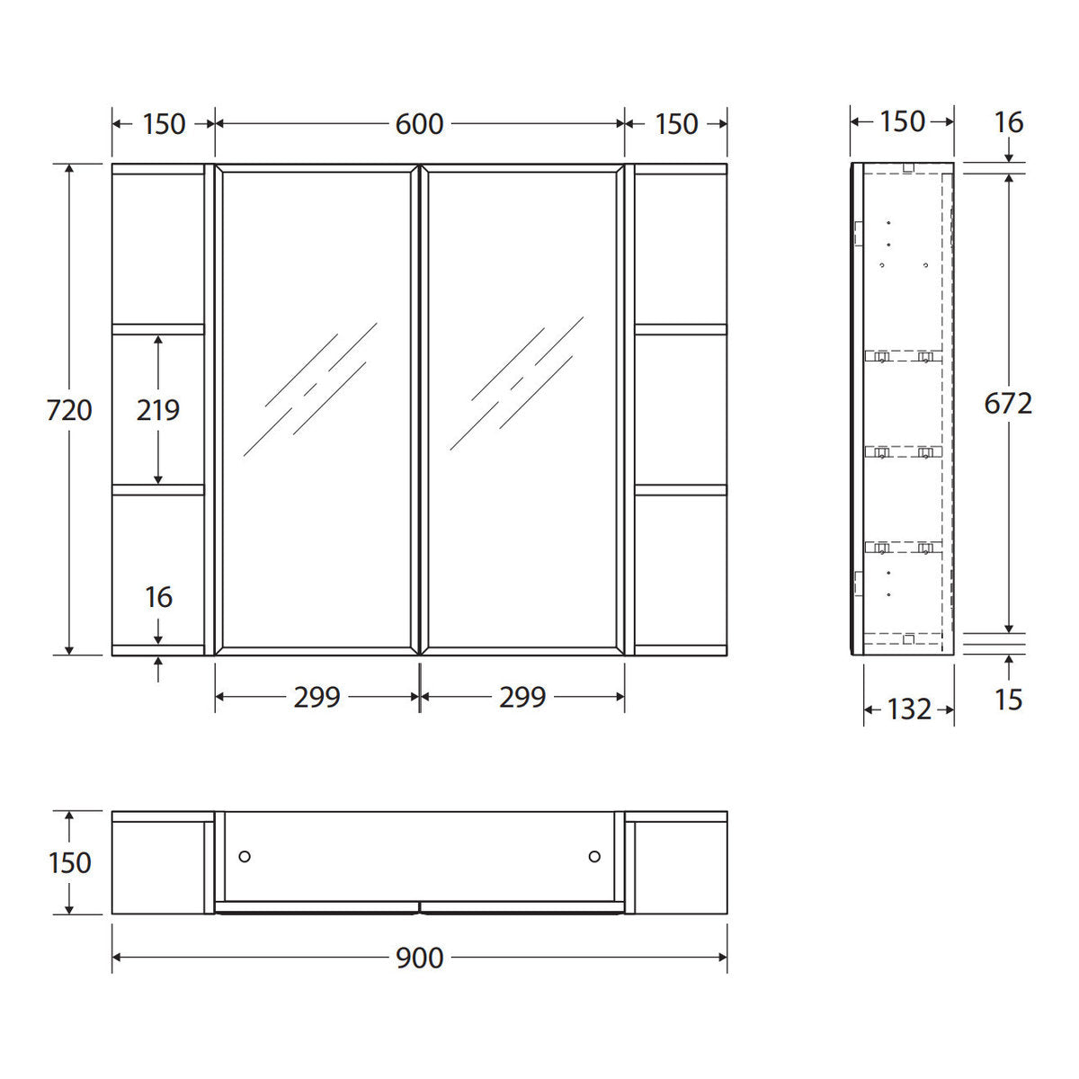 Fienza Bevel Edge 600 Mirror Cabinet, 2 Side Shelves