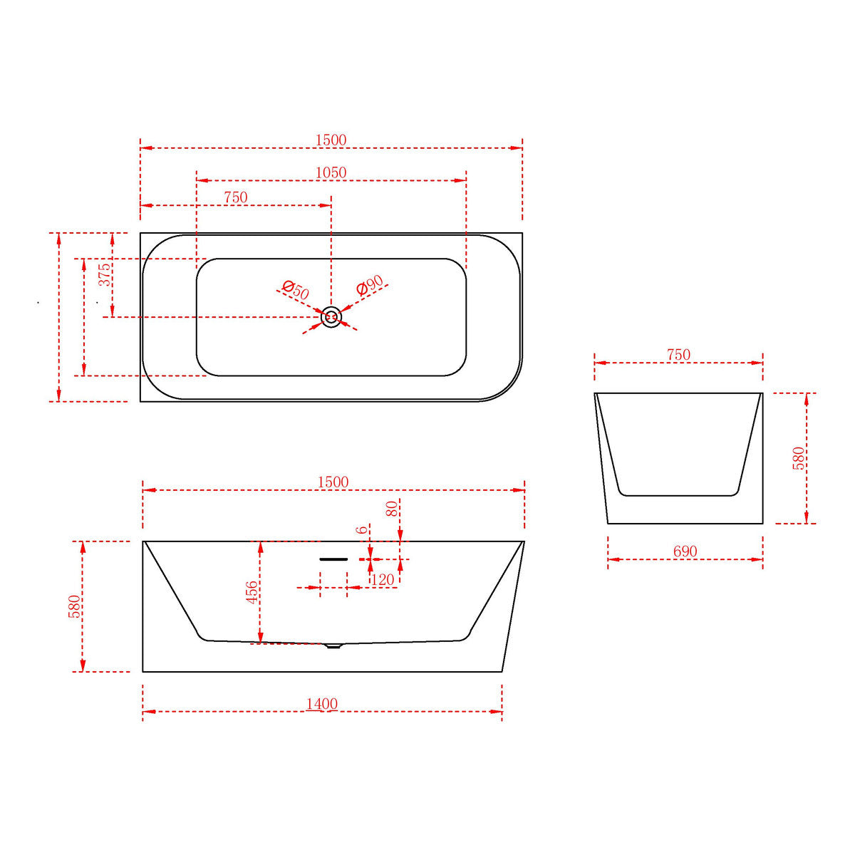 Ashton 1500mm Corner Back To Wall Bath in Gloss White - Left Side Corner