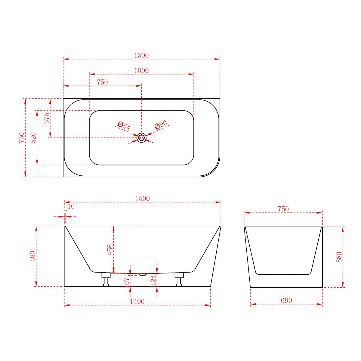Ashton 1700mm Corner Back To Wall Bath in Matte White - Right Side Corner