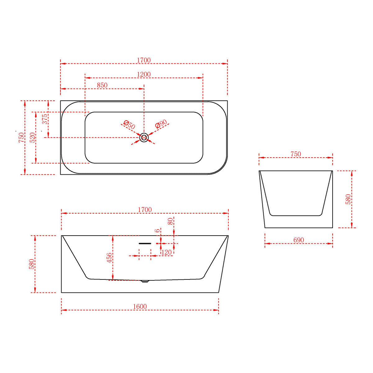 Ashton 1700mm Corner Back To Wall Bath in Gloss White - Left Side Corner
