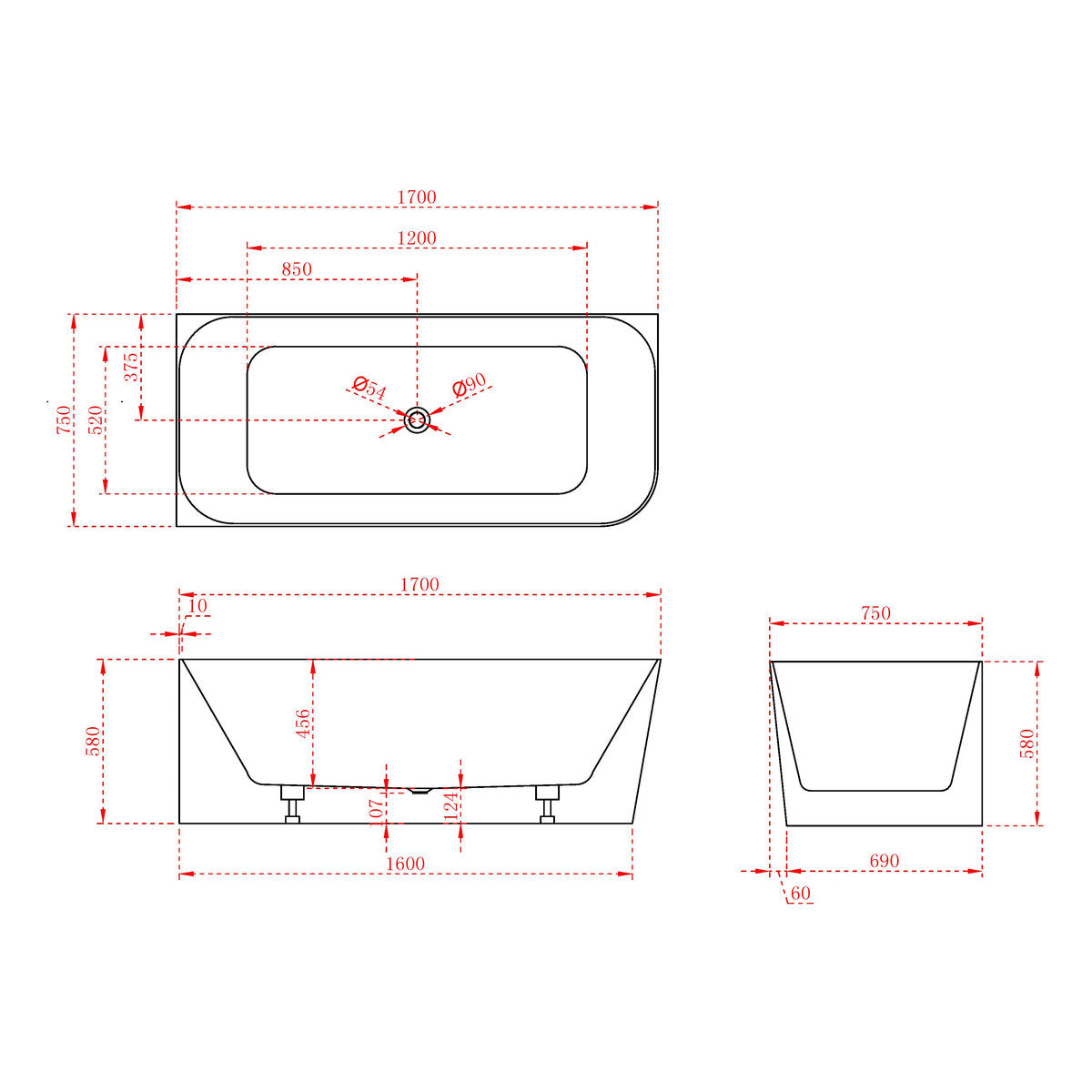 Ashton 1700mm Corner Back To Wall Bath in Gloss White - Right Side Corner