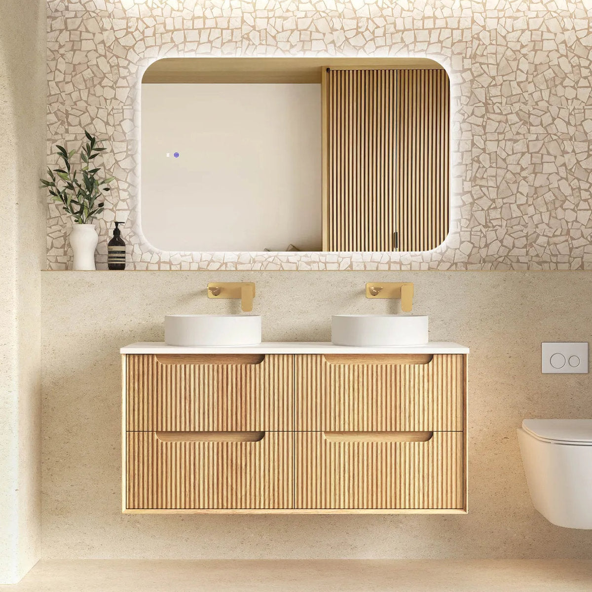 Otti Byron Fluted Woodland Oak Wall Hung Vanity Double Bowl 1200mm