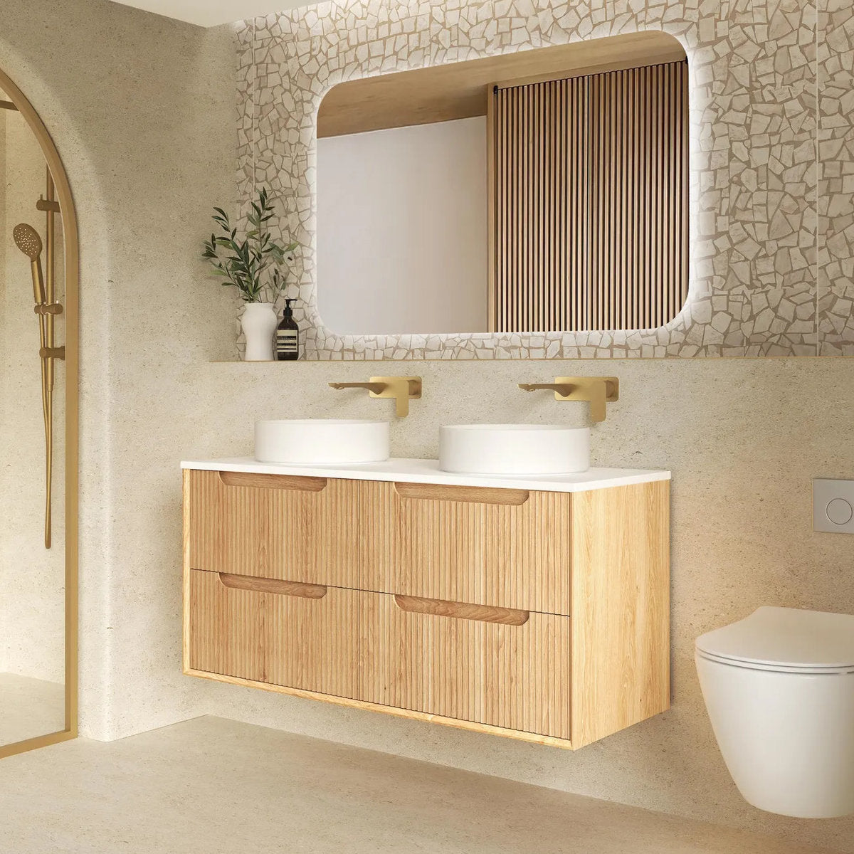 Otti Byron Fluted Woodland Oak Wall Hung Vanity Double Bowl 1200mm