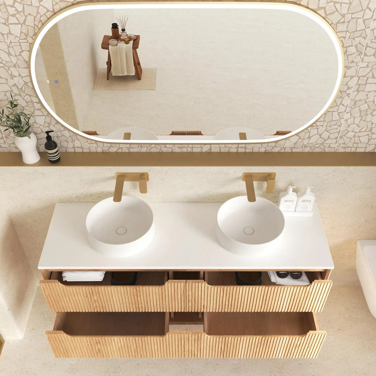 Otti Byron Fluted Woodland Oak Wall Hung Vanity Double Bowl 1200mm
