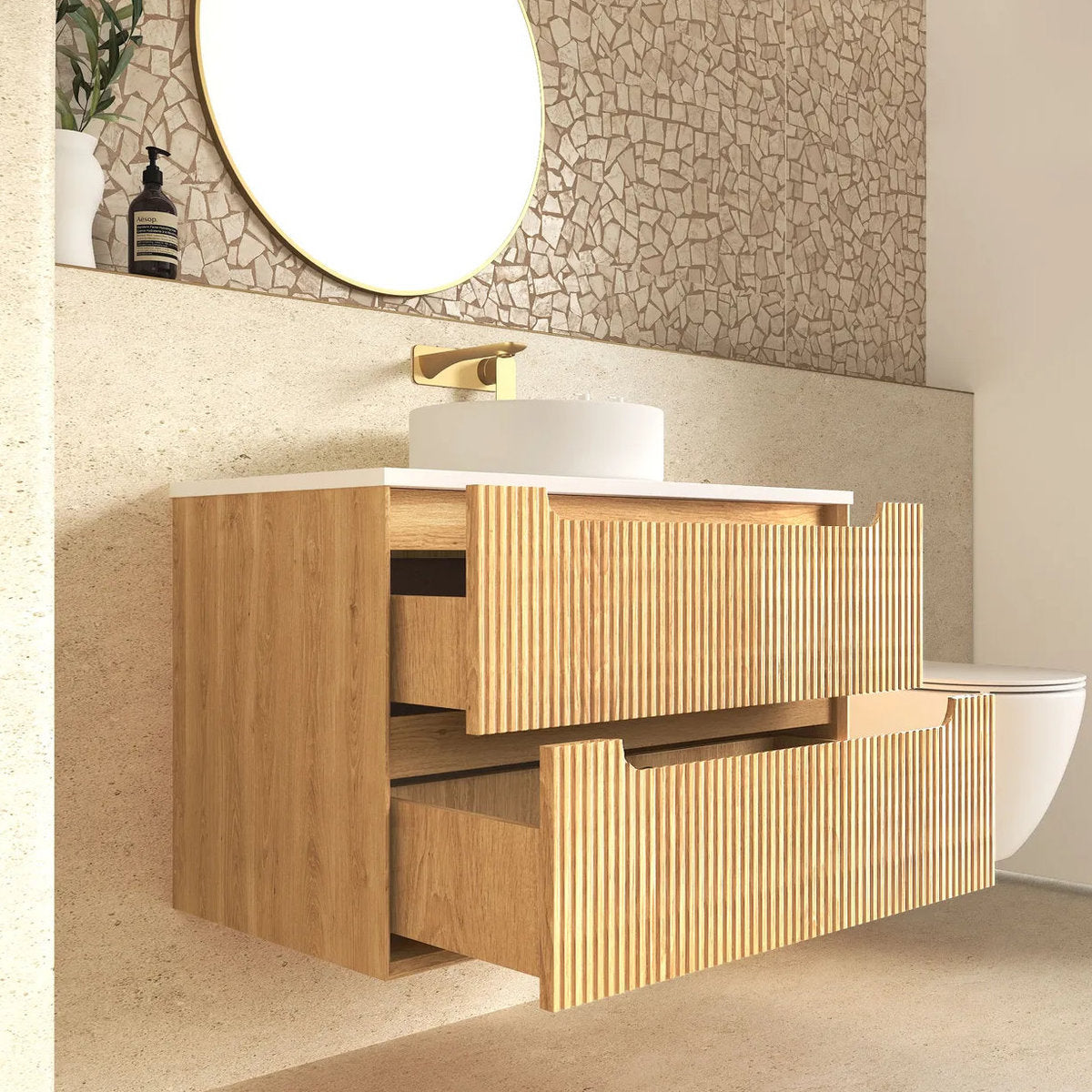 Otti Byron Fluted Woodland Oak Wall Hung Vanity 900mm