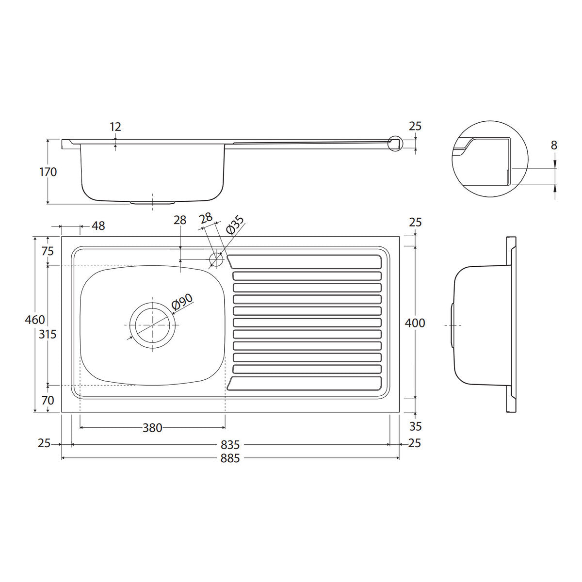 Fienza Citi 900mm Sink-Top, 1 Taphole