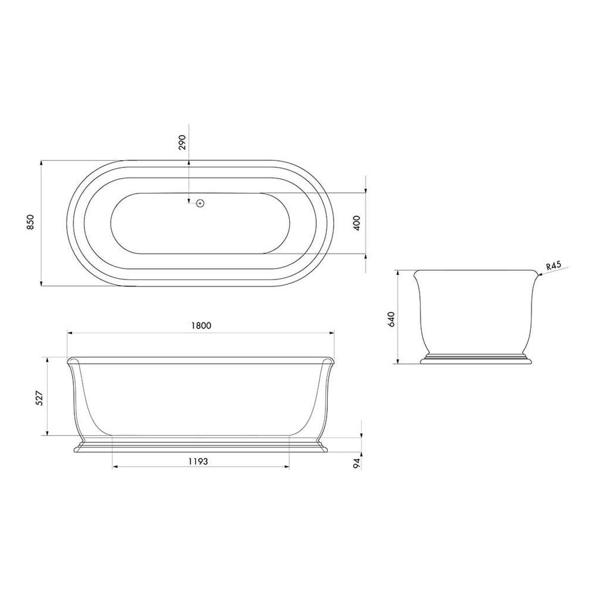 Camden 180 x 85 TitanCast Solid Surface Freestanding Bath - Satin Silk White