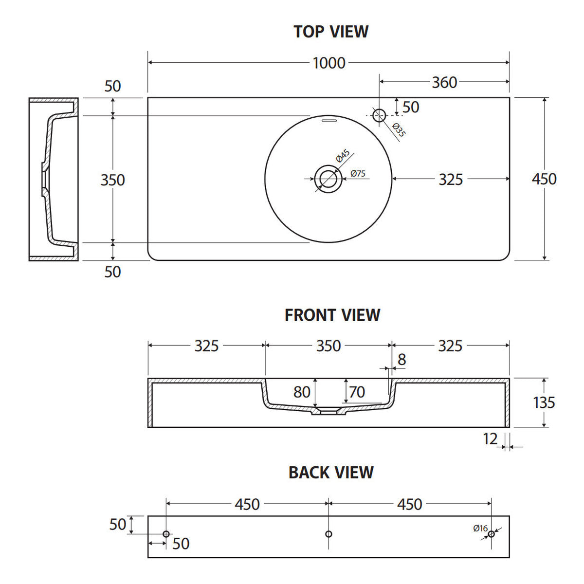 Fienza Encanto 1000 Solid Surface Wall Basin, 1 Tap Hole