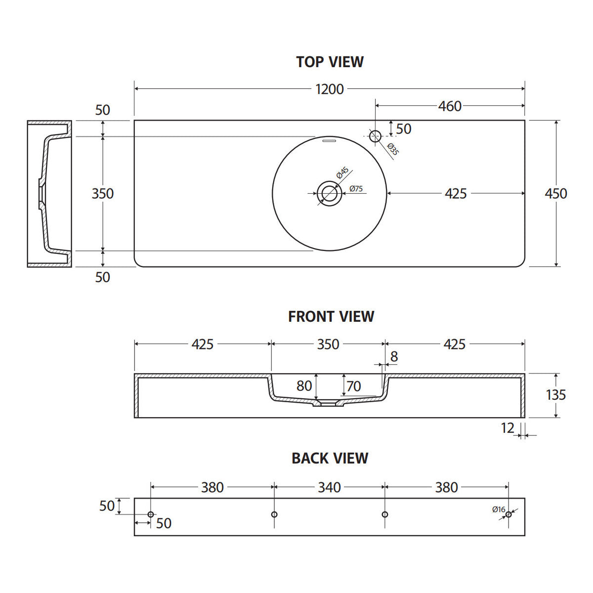 Fienza Encanto 1200 Solid Surface Wall Basin, Centre Bowl, 1 Tap Hole