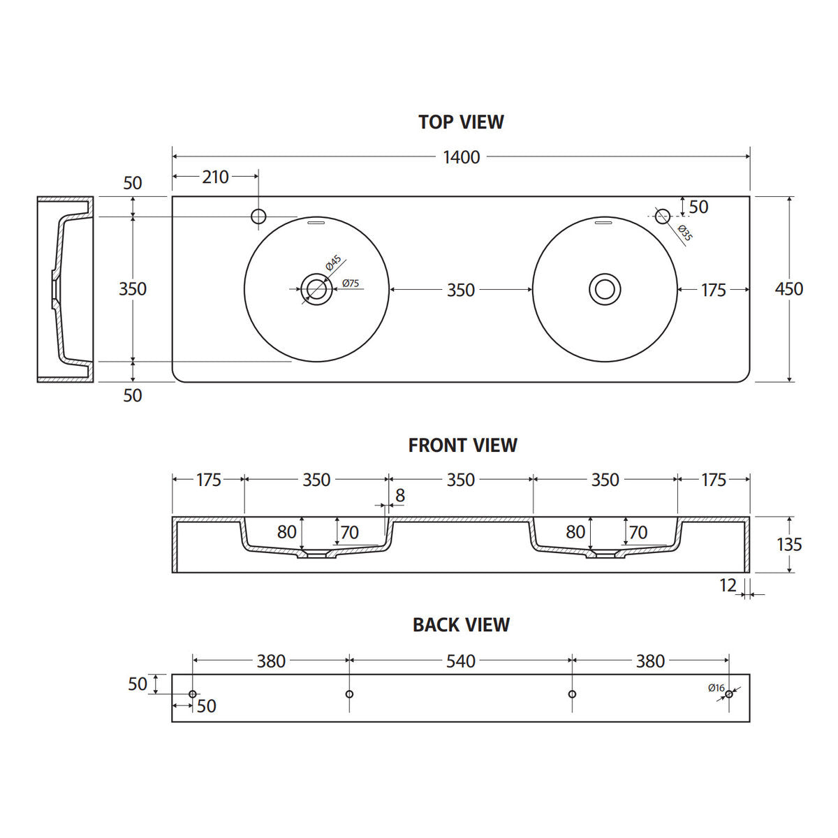 Fienza Encanto 1400 Solid Surface Wall Basin, Double Bowl, No Tap Hole
